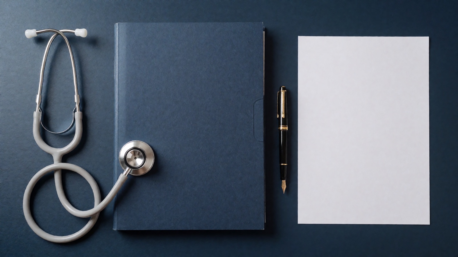 A professional flat-lay of a stethoscope, a blank navy medical folder, a fountain pen and a blank sheet of paper on a navy surface